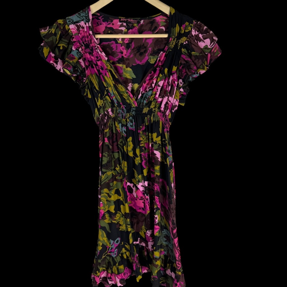 Betsey Johnson Black Floral 100% Silk Ruffle Trim Tie Back Babydoll Dress Sz S